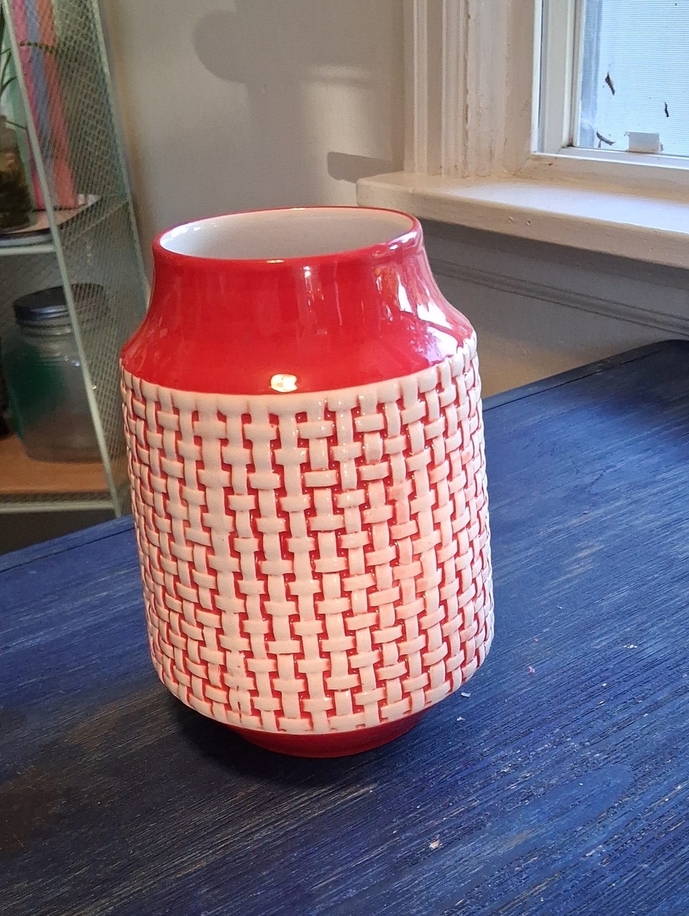 Vintage Red and White Woven-Pattern Ceramic Vase
